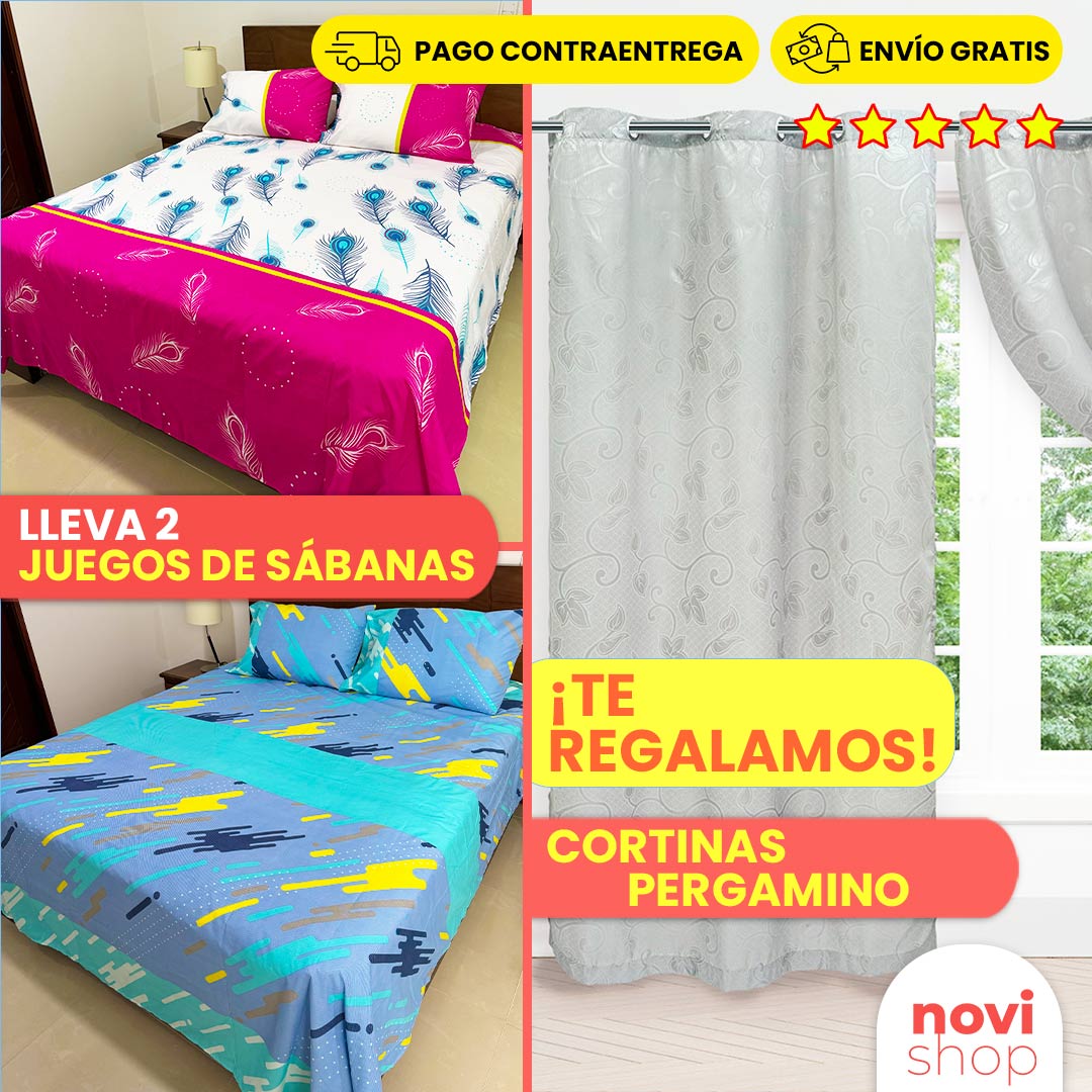 ¡LLEVA 2 JUEGOS DE SÁBANAS + CORTINA PERGAMINO EN YACAR ¡GRATIS!